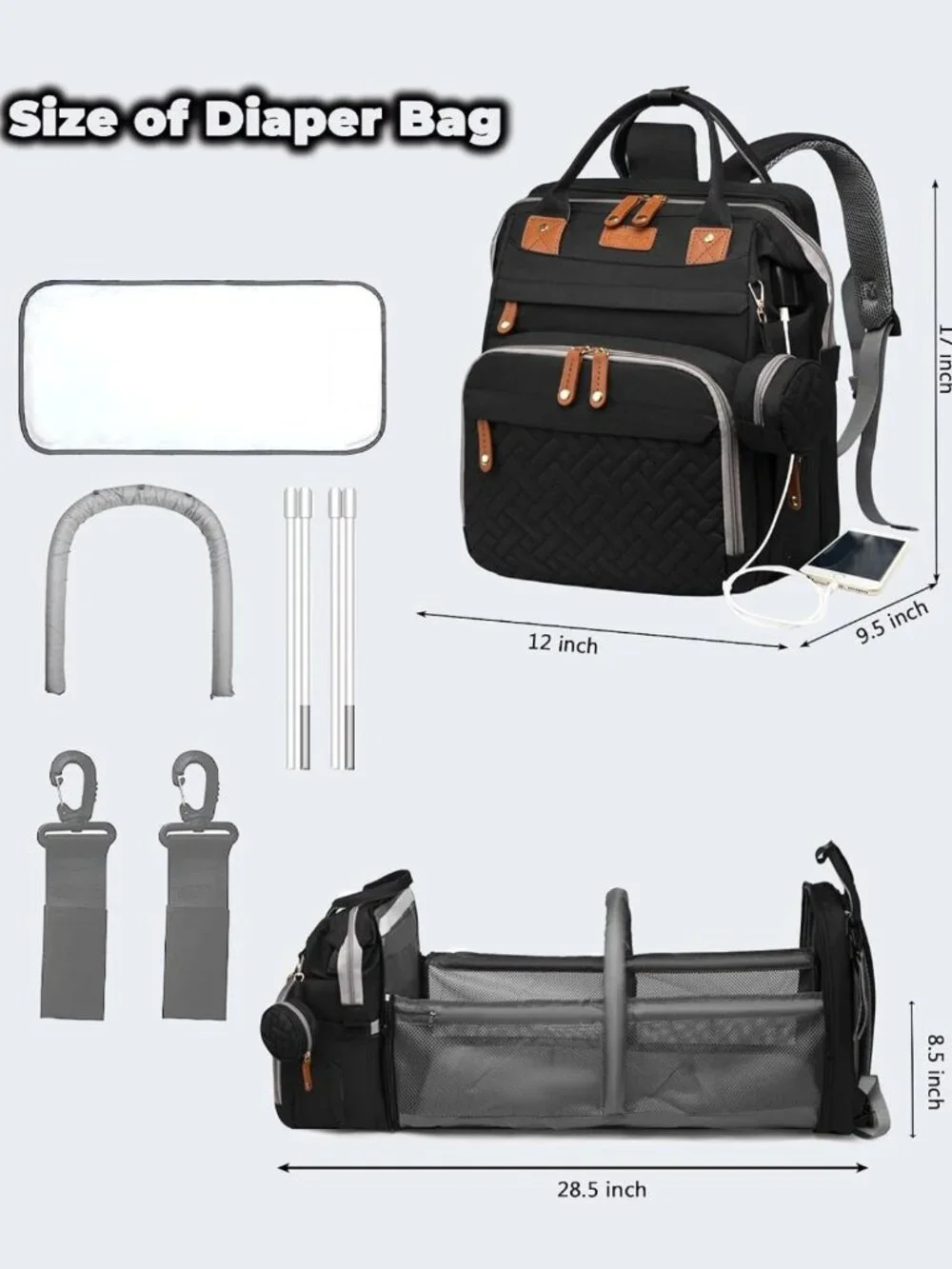 Stylish Waterproof Diaper Bag Backpack with Changing Station & USB Port, Large